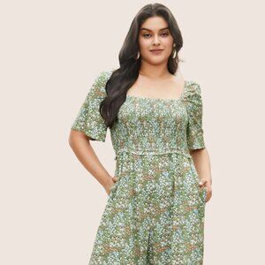 Ditsy Floral Shirred Patchwork Pocket Jumpsuit